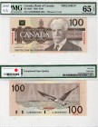 Canada, 100 Dollars, 1988, UNC, BC: 60aS, SPECİMEN
PMG 65, EPQ, serial number: AJN 00000 0693, signs: Thiessen -Crow, Canadİan politician, lawyer Sir...