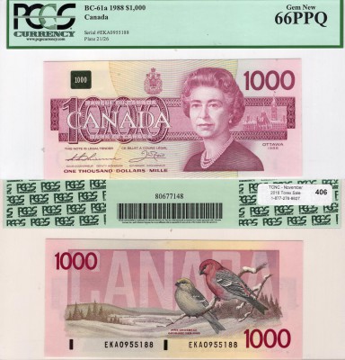 Canada, 1000 Dollars, 1988, UNC, p61a, RARE
PCGS 66, serial number: EKA 0955188...