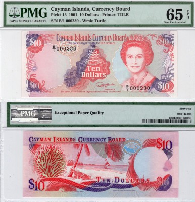 Cayman, 10 Dollars, UNC, 1991, p13
PMG 65, EPQ, serial number: B/1 000230, LOW ...