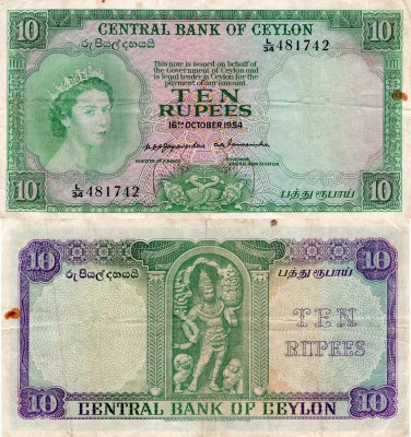 Ceylon, 10 Rupees, 1954, VF / XF, p55b
serial number: L/34 481742, Queen Elizab...