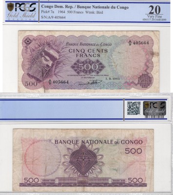 Congo Democratic Republic, 500 Francs, 1964, FINE, p7a
PCGS 20, serial number: ...