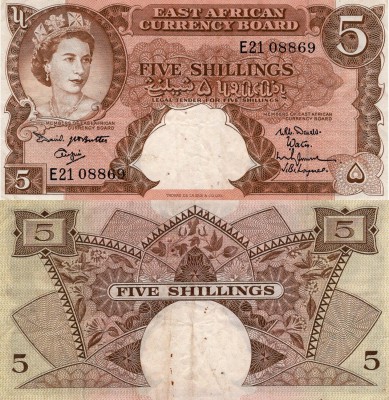East Africa, 5 Shillings, 1961, XF, p41a
serial number: E21 08869, Queen Elizab...