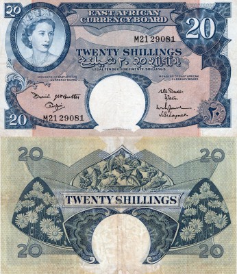 East Africa, 20 Shillings, 1961, VF / XF, p43a
serial number: M21 29081, Queen ...