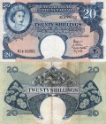 East Africa, 20 Shillings, 1958, VF, p39
serial number: R14 69952, Queen Elizabeth II portrait