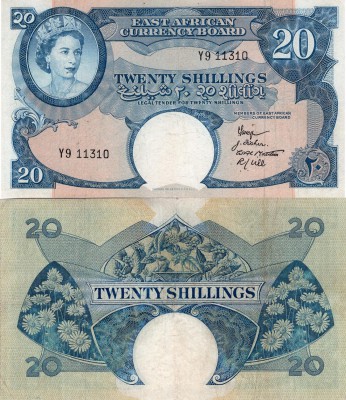 East Africa, 20 Shillings, 1958, VF, p39
serial number: Y9 11310, lightly press...