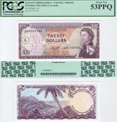 East Caribbean States, 20 Dollars, 1965, AUNC, Pp15l
PCGS 53, serial number: A2...