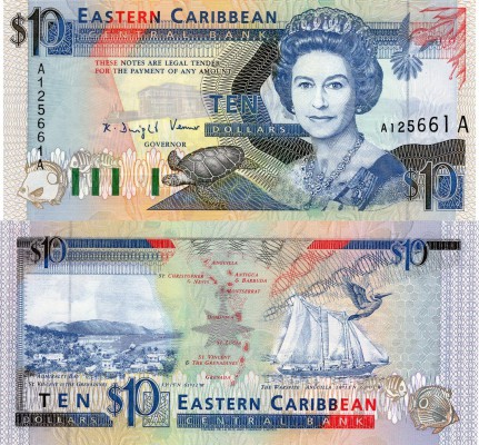 East Caribbean States, 10 Dollars, 1994, UNC, p32a
serial number: A 125661A, Qu...