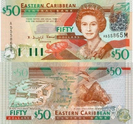 East Caribbean States, 50 Dollars, 2003, UNC, p45m
serial number: A555865, Quee...