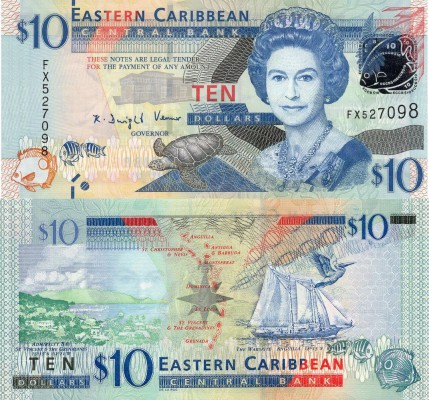 East Caribbean States, 10 Dollars, 2012, UNC, p52a
serial number: FX 527098, Qu...