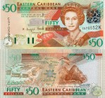 East Caribbean States, 50 Dollars, 2003, UNC, p45k
serial number: C 570552K, Queen Elizabeth II portrait
