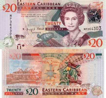 East Caribbean States, 20 Dollars, 2012, UNC, p53a
serial number: MP 364303, Qu...