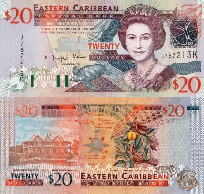 East Caribbean, 20 Dollars, 2003, UNC, p44k
serial number: J 787213K, Queen Eli...