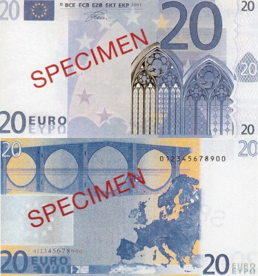 Euro, 20 Euro, 2001, UNC, SPECİMEN
serial number: 012345678900, SPECİMEN