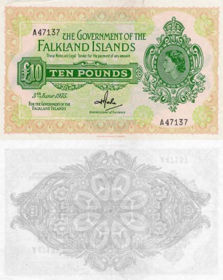 Falkland Islands, 10 Pounds, 1975, UNC, p11a
Serial number: A 47137, Queen Eliz...