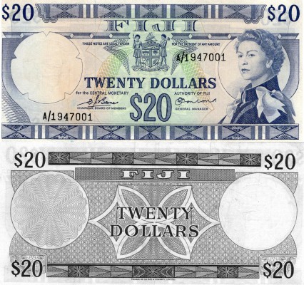 Fiji, 20 Dollars, 1974, XF, p75b
seri numarası: A/1 947001, Sign: D.J.Barnes an...