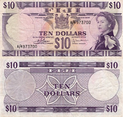 Fiji, 10 Dollars, 1974, VF, p74c
serial number: A/4 973700, Queen Elizabeth II ...
