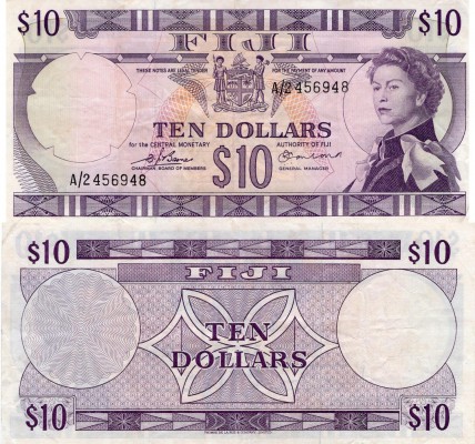 Fiji, 10 Dollars, 1974, XF, p74b
serial number: A/2 456948, Queen Elizabeth II ...