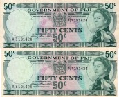 Fiji, 50 Cents, 1971, XF, p64a
seial number: A/3 191424, Queen Elizabeth II portrait