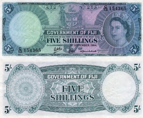 Fiji, 5 Shillings, 1964, XF, p51d
serial number: C/13 154365, Queen Elizabeth I...