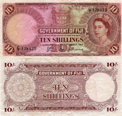 Fiji, 10 Shillings, 1964, VF (-), p52d
serial number: C/7 128425, Queen Elizabe...