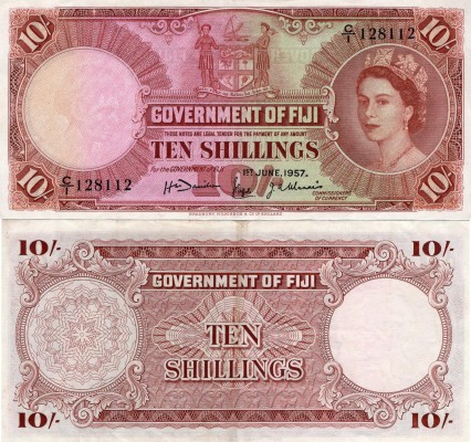 Fiji, 10 Shillings, 1957, XF, p52a
serial number: C/1 128112, Queen Elizabeth I...