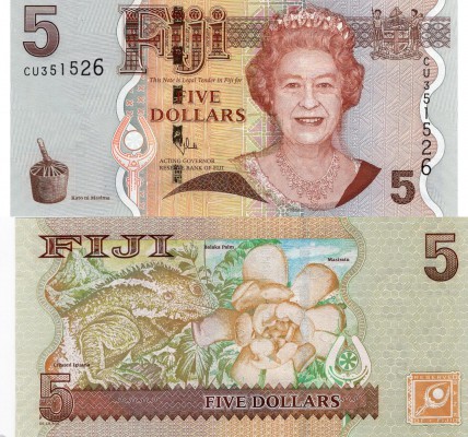 Fiji, 5 Dollars, 2011, UNC, p110b
serial number: CU 351526, Queen Elizabeth II ...