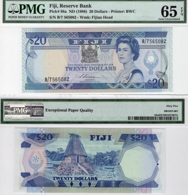 Fiji, 20 Dollars, 1988, UNC, p88a
PMG 65, EPQ, serial number: B/7 565082, Queen...