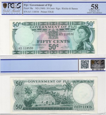 Fiji, 50 Cents, 1969, AUNC, p58a
PCGS 58, serial number: A/1 118536, Queen Eliz...