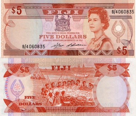 Fiji, 5 Dollars, 1986, AUNC, p83a
serial number: B/4 060835, Queen Elizabeth II...