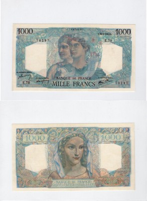 France, 1000 Francs, 1945, UNC, p130a
serial number: E.70-70297, Minerva and He...