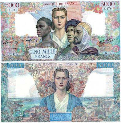 France, 5.000 Francs, 1945, XF / AUNC, p103c
serial number: E.476-618, Allegory...