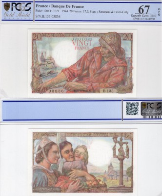 France, 20 Francs, 1944, UNC, p100a
PCGS 67, OPQ, serial number: B.133.03836, H...