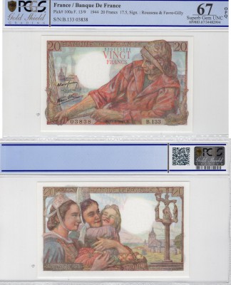 France, 20 Francs, 1944, UNC, p100a
PCGS 67, OPQ, serial number: B.133.03838, H...