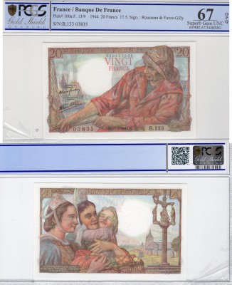 France, 20 Francs, 1944, UNC, p100a
PCGS 67, OPQ, serial number: B.133.03835, H...