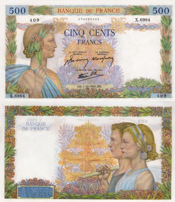France, 500 Francs, 1942, UNC, p95b
serial number: X.6964.409, imzalar: Belin-R...