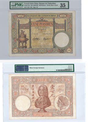 French İndo-China, 100 Piastres, 1936-1939, VF, p51d, RARE
PMG 35, serial numbe...