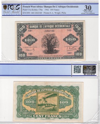 French West Africa, 100 Francs, 1942, VF, p31a
PCGS 30, serial number: N91 160 ...