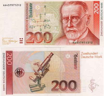 Germany, 200 Mark, 1989, AUNC, p42
serial number: AA 4379712Y2, German biochemi...