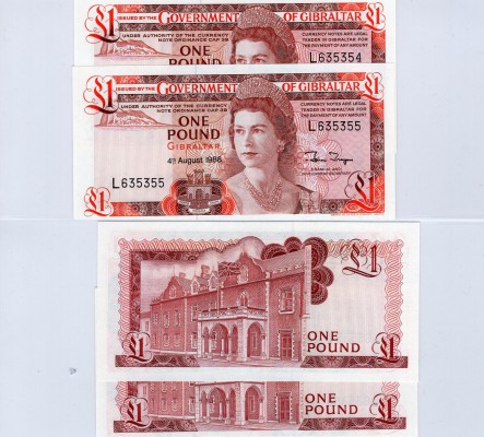 Gibraltar, 1 Pound, 1988, UNC, p20e I318
serial numbers: L 635354 - L635355, Qu...
