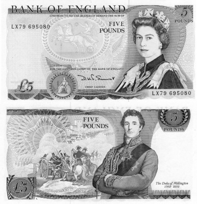 Great Britain, 5 Pounds, 1980 AUNC, p378c
serial number: LX79 695080, sign: Som...