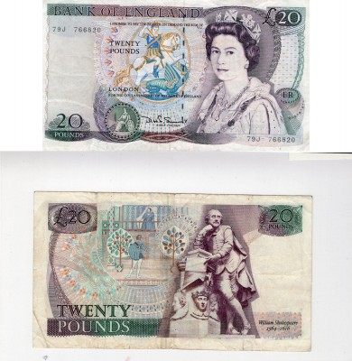 Great Britain, 20 Pounds, 1984, VF, p380d
serial number: 79J 766820, Queen Eliz...