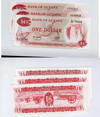 Guyana, 1 Dollar, 1966-1992, UNC, p21b, p21g (THREE DİFFERENT SİGNATURE BANKNOTE...