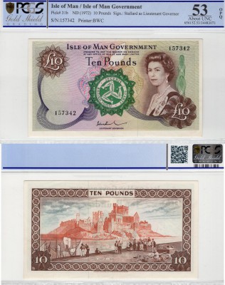 Isle Of Man, 10 Pounds, 1972, AUNC, p31b
PCGS 53, serial number: 157342, Queen ...