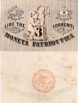 İtaly, 3 Lire, 1848, XF, Correnti Moneta Patriottica