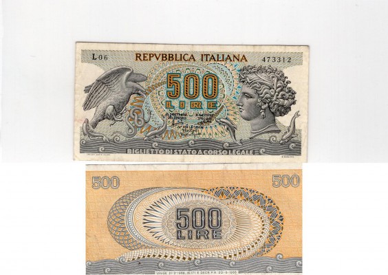 Italy, 500 Lire, 1966-1975, XF (+), p93
serial number: L06 473312