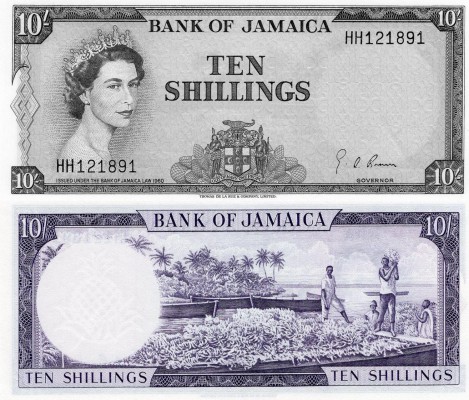 Jamaica, 10 Shillings, 1964, UNC, p51Be
serial number: HH 121891, Queen Elizabe...