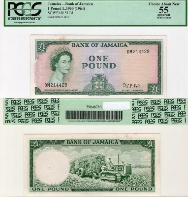 Jamaica, 1 Pound, 1964, AUNC, p51Cd
PMG 55, serial number: DM 214429, Queen Eli...