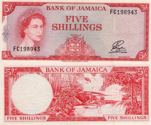 Jamaica, 5 Shillings, 1964, XF, p51Ab
serial number: FC 198943, sign: Stanley W...