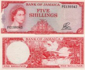 Jamaica, 5 Shillings, 1964, XF, p51Ab
serial number: FC 198943, sign: Stanley Walden Payton, Queen Elizabeth II portrait
