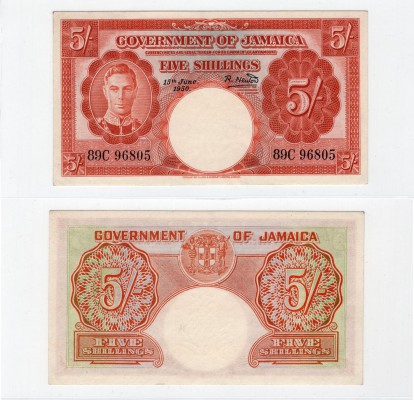 Jamaica, 5 Shillings, 1950, UNC, p37a
serial number: 89C 96805, King Goerge VI ...